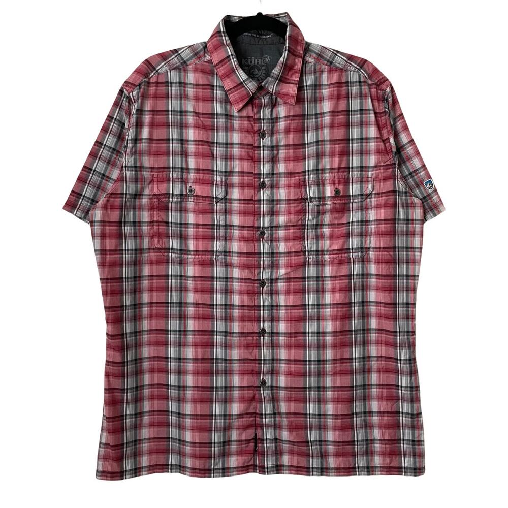 Kuhl Shirt Mens Large Red Gray Eluxur Plaid Buttoned Short Sleeve Outdoor Hiking